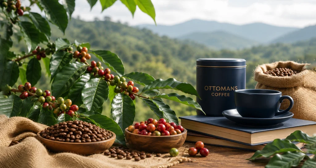 Rustic coffee scene with mountain backdrop